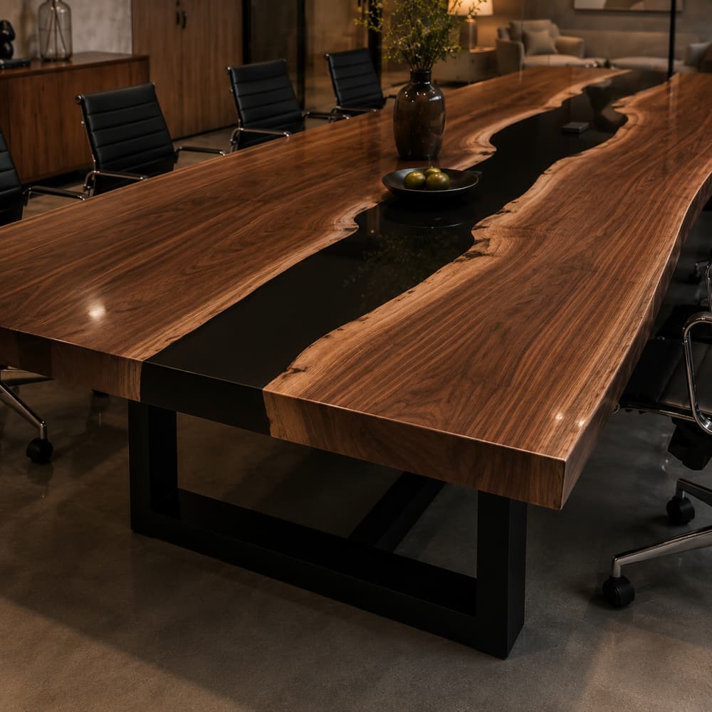 Corporate river table with live edge walnut and deep black epoxy centerpiece