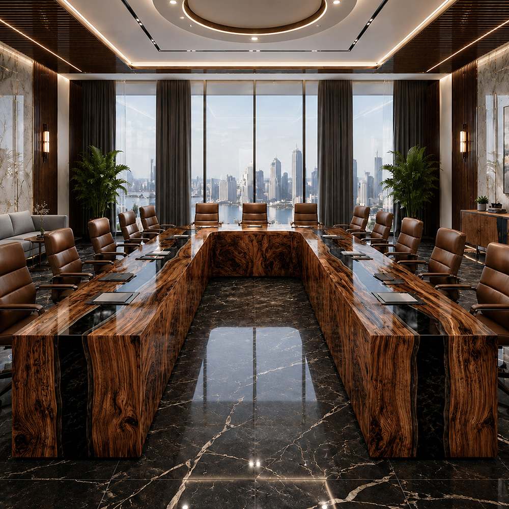U-shaped black walnut boardroom table with black resin details in a corporate meeting space
