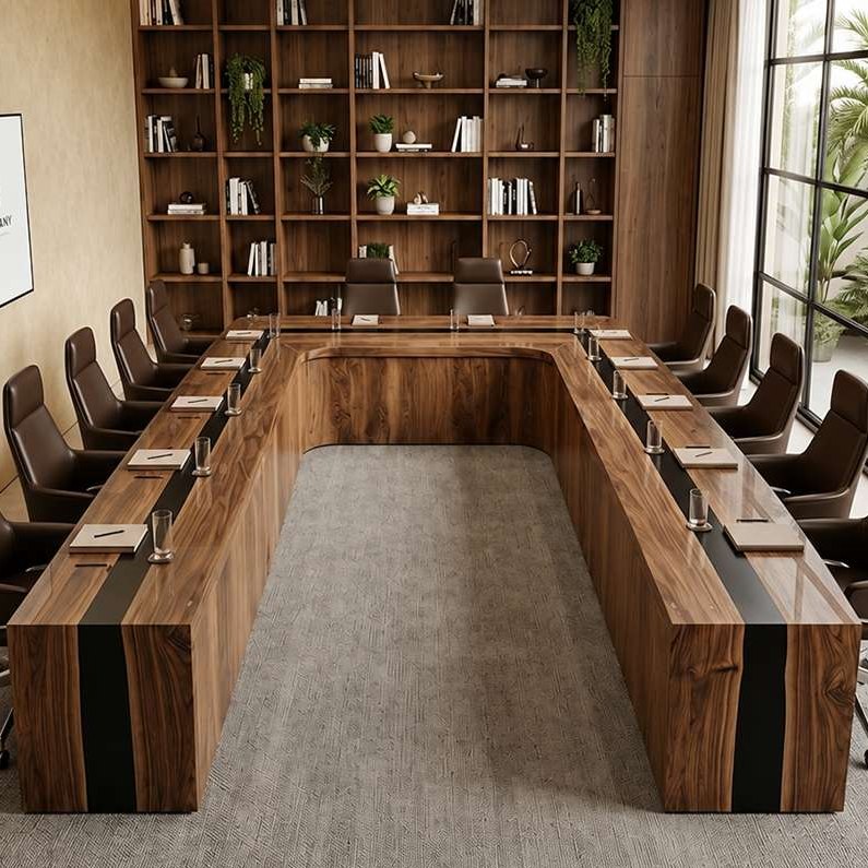 U-shaped walnut boardroom table with black resin details in a corporate meeting space