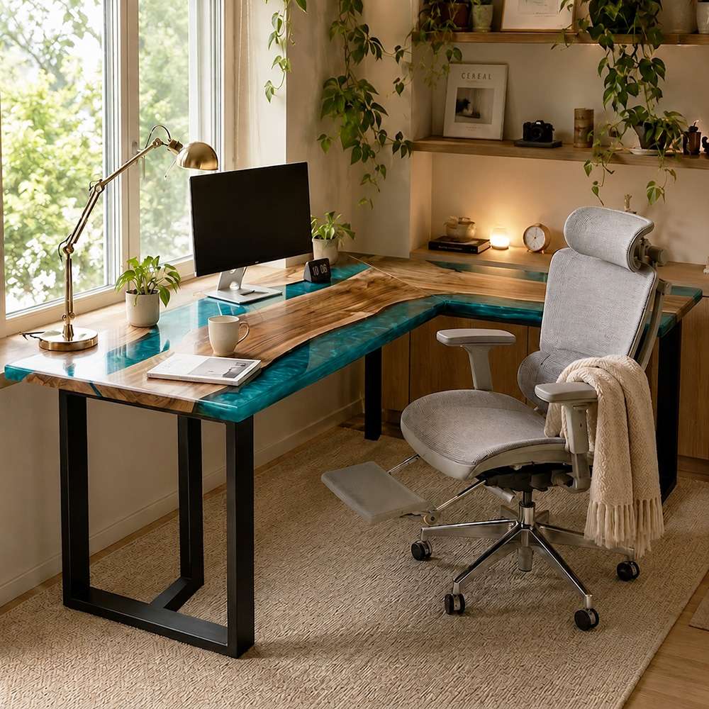 Custom live edge walnut L-shaped epoxy resin desk with a vibrant teal river in a sunlit home office corner setup next to a window