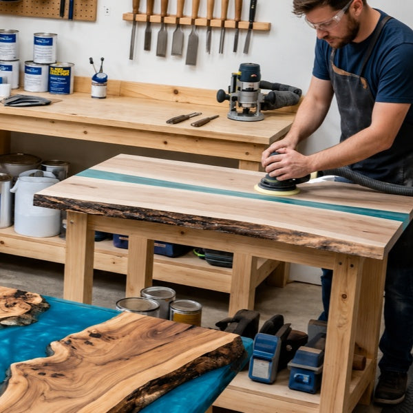 A craftsman working on a custom epoxy river table in a bright woodworking workshop, with live-edge wood slabs on the workbench