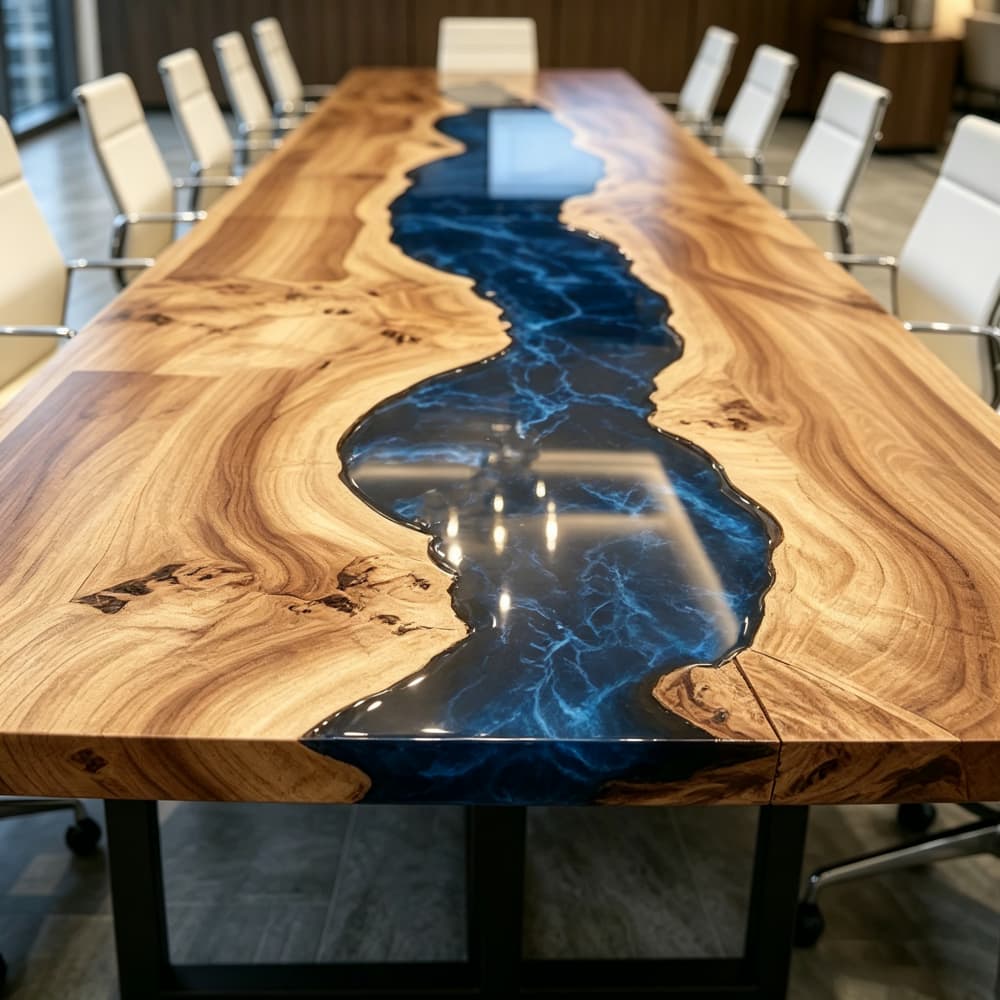 Artistic poplar conference table with deep blue resin inlay for creative studios