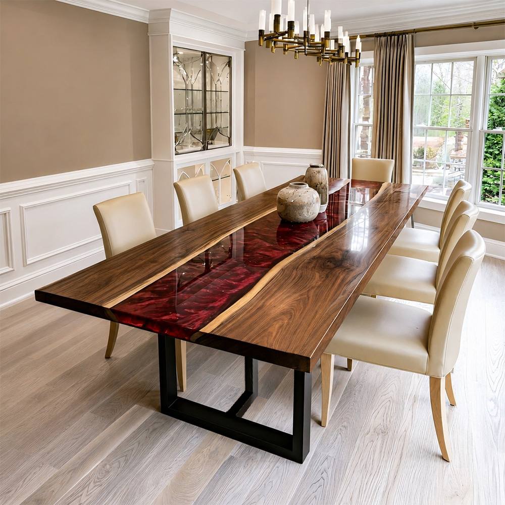 Luxury hardwood dining furniture showcasing vibrant crimson resin and beautifully figured walnut slabs