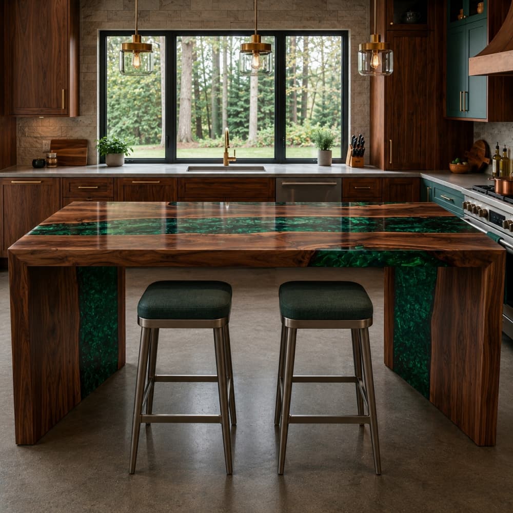 Artisan kitchen island featuring walnut wood and a deep emerald resin waterfall