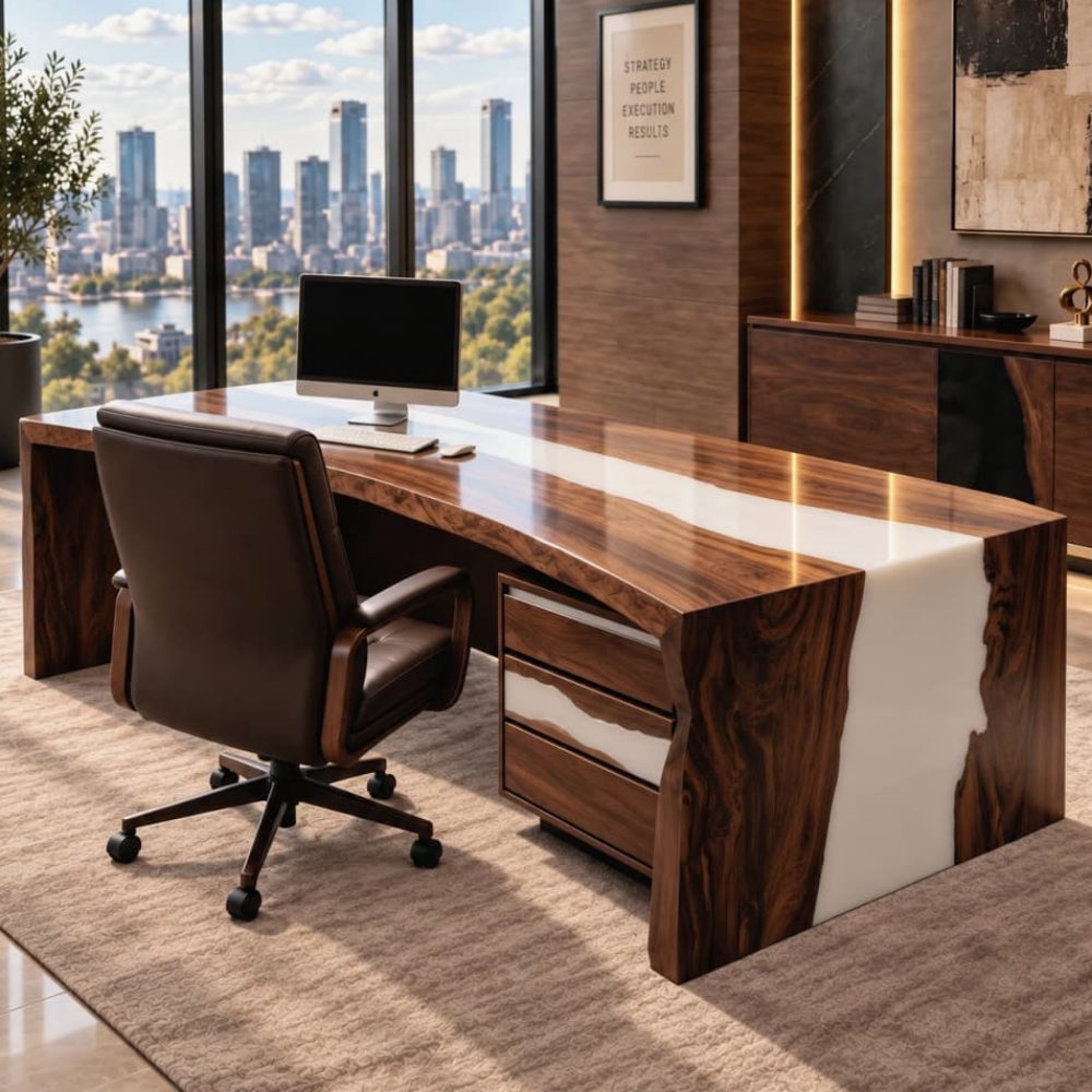 Curved live edge black walnut epoxy river executive desk featuring built in white resin inlaid storage drawers