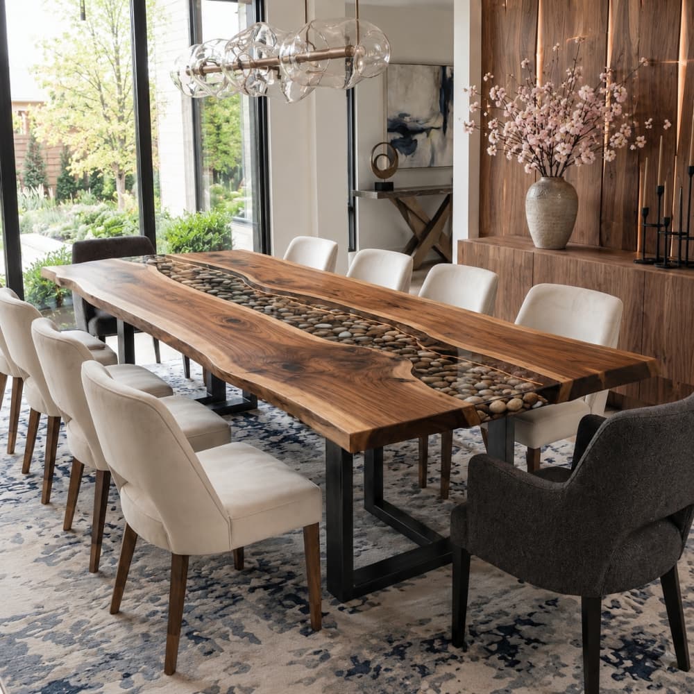 A custom American walnut dining table with a pebble resin river inlay inside an open-concept luxury home dining room