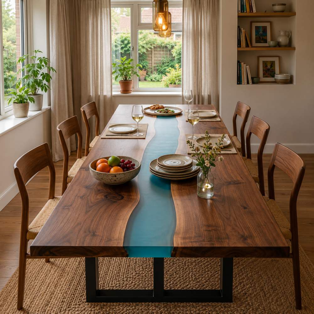 Custom aqua epoxy table for modern kitchen dining, combining warm black walnut grain with a calm translucent resin river