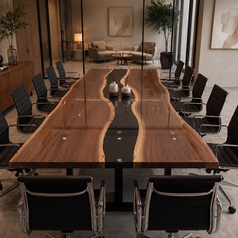 Custom boardroom table crafted from black walnut slabs and black epoxy resin