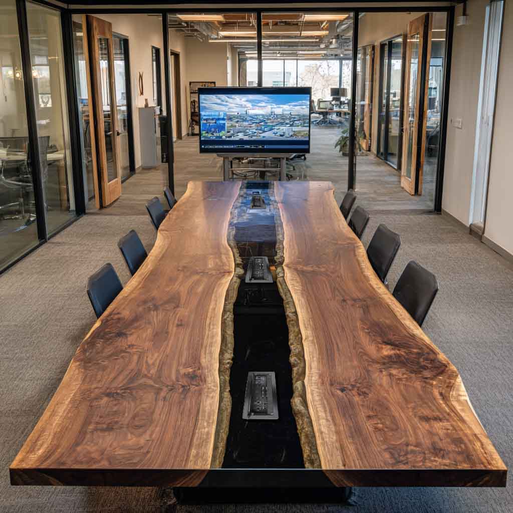 Custom live edge walnut conference table with black epoxy resin river and integrated power modules in a modern executive office.