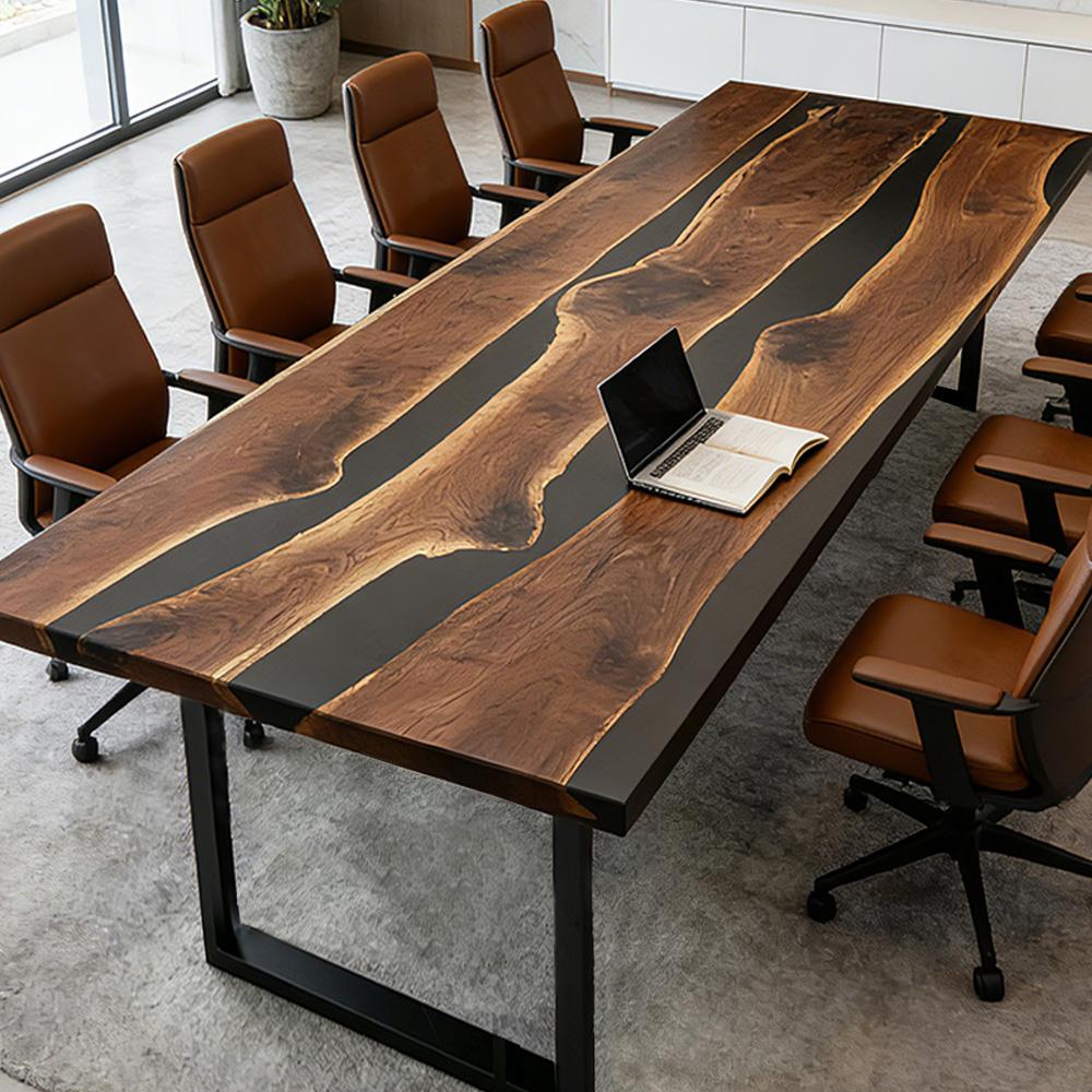 Handcrafted black walnut boardroom table with black resin river and contemporary metal base
