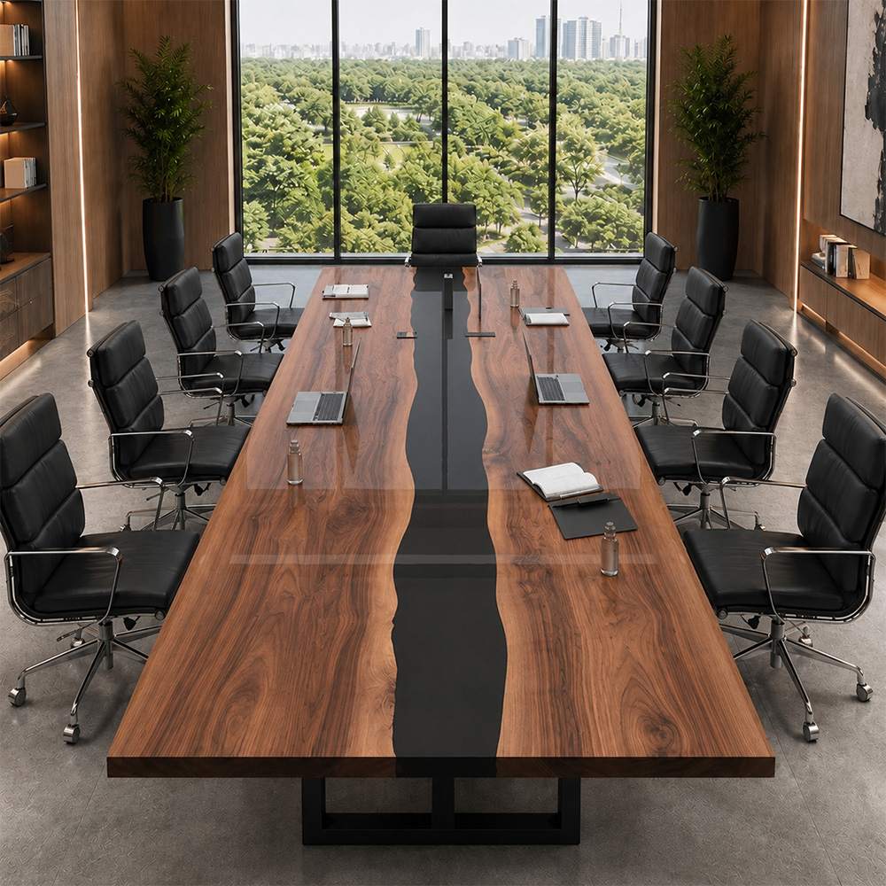 Custom live edge black walnut boardroom table with premium black epoxy resin centerpiece