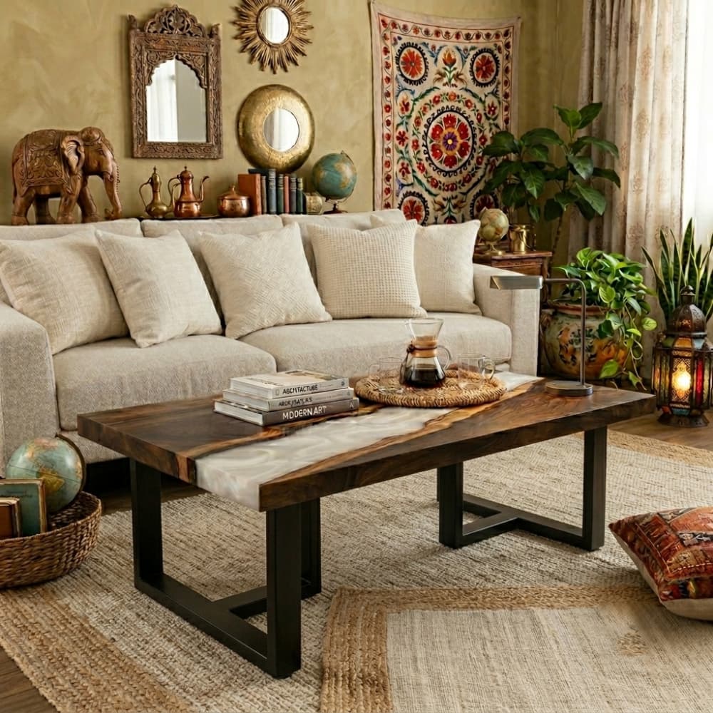 White swirl resin black walnut center table for modern and boho interiors