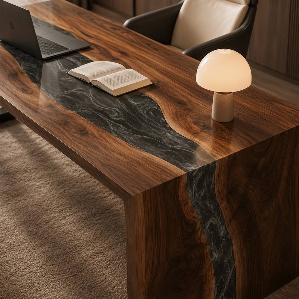 Custom black walnut executive office table with handcrafted dark gray resin inlay
