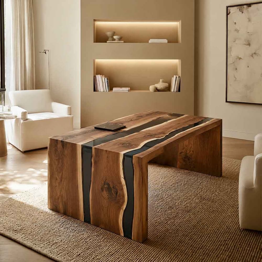 Custom black walnut office desk with sleek black resin inlays for a refined workspace