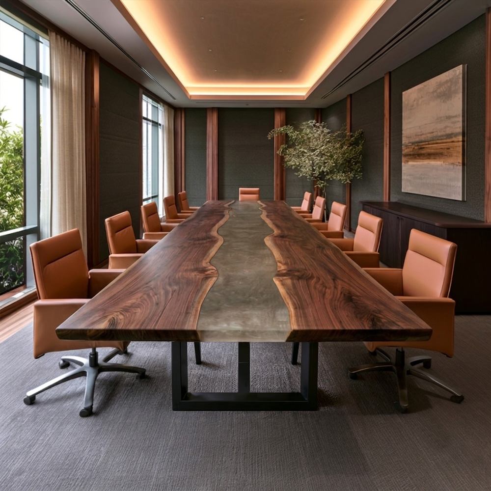 Custom black walnut gray epoxy resin boardroom conference table with square edge