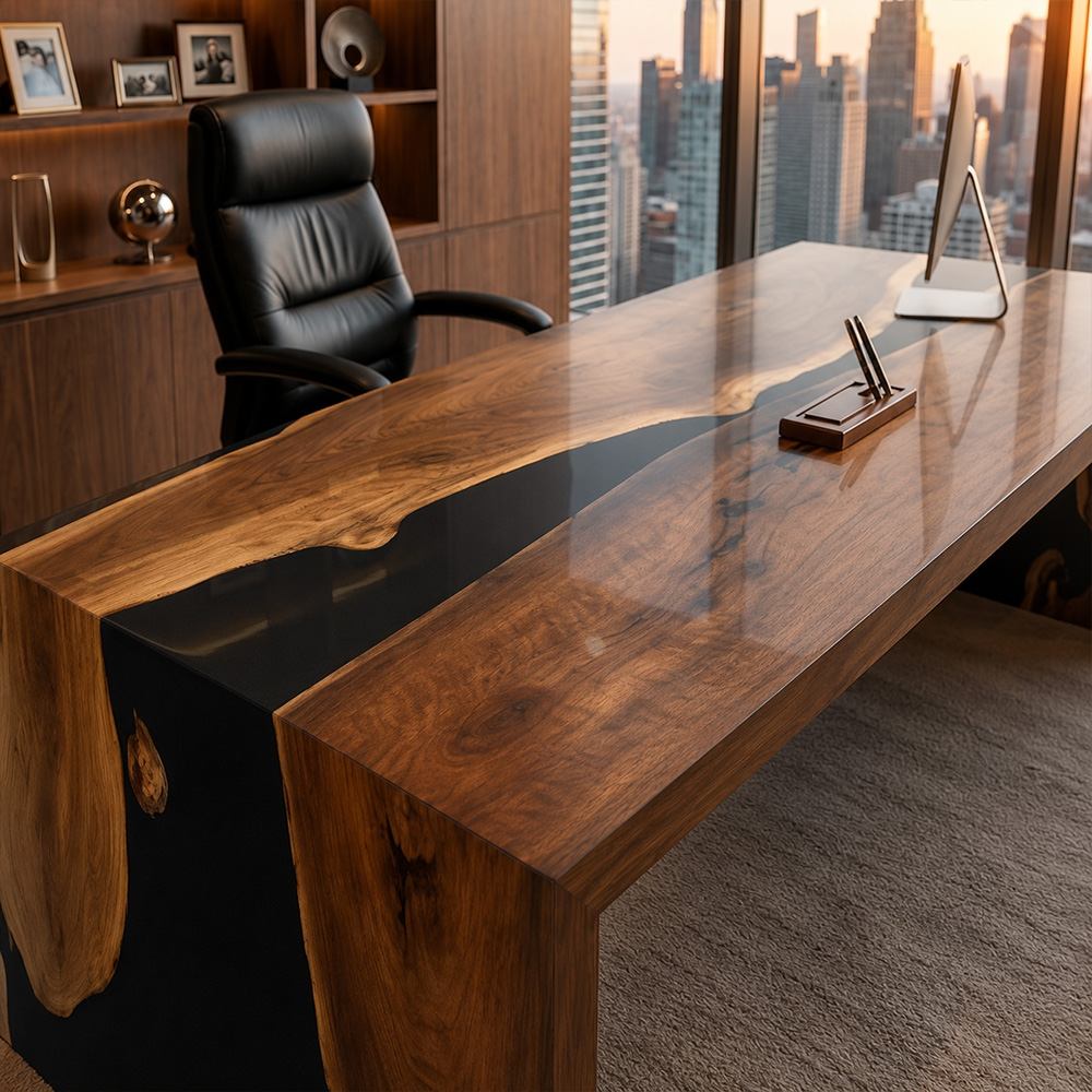 black walnut resin desk designed for an executive office, featuring dark epoxy accents and a modern architectural profile