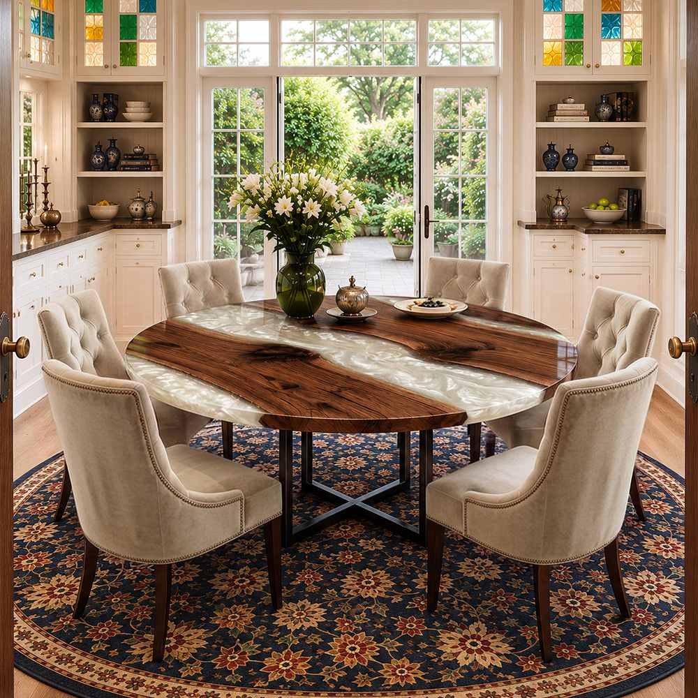 Custom black walnut round epoxy dining table crafted for modern homes and elegant dining spaces