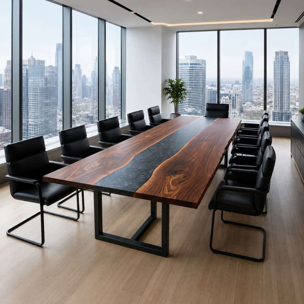 Black walnut conference table with smoke gray swirl epoxy resin center in a city boardroom