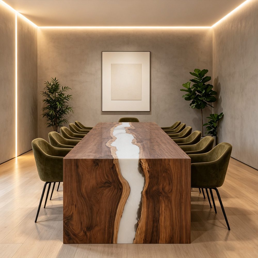 Custom black walnut white epoxy meeting table handcrafted for executive offices and luxury conference rooms