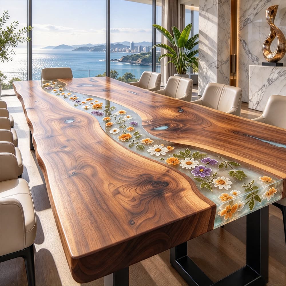 Custom black walnut table with translucent white resin center and blue epoxy accents for a modern dining room