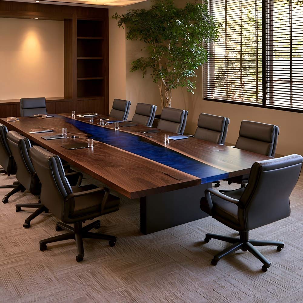 Custom blue epoxy boardroom table crafted from richly grained Black Walnut
