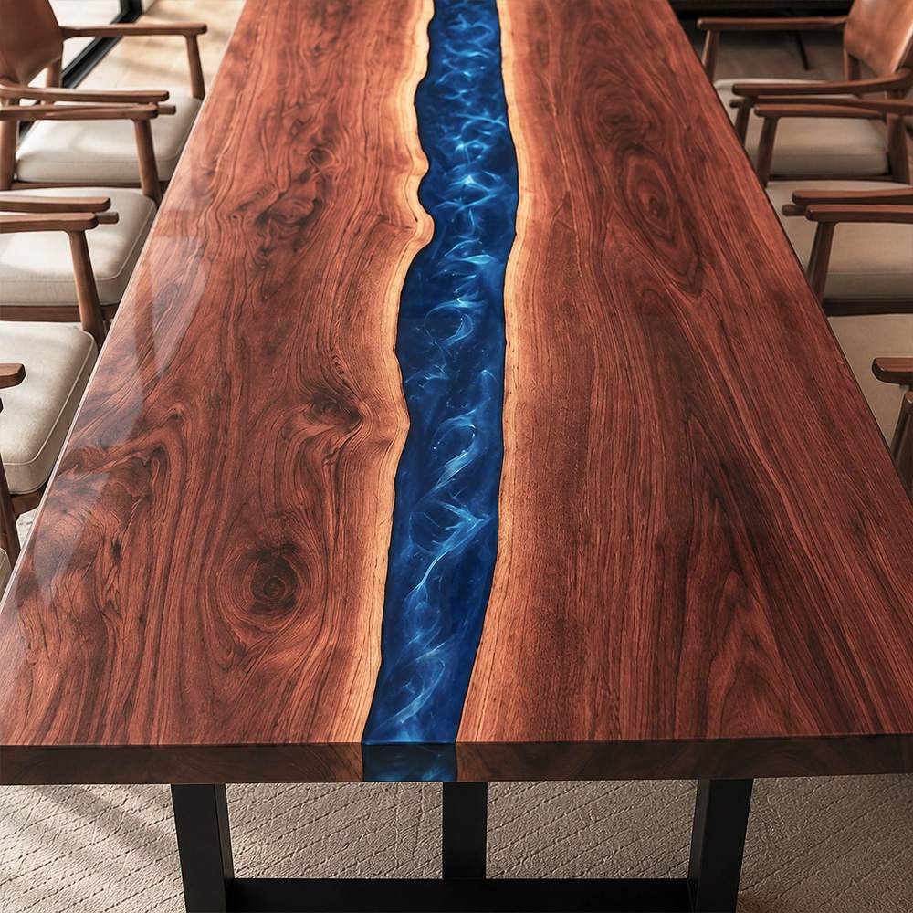 Custom blue epoxy coffee table option made from solid poplar for modern living rooms, lounges, and coastal-inspired interiors