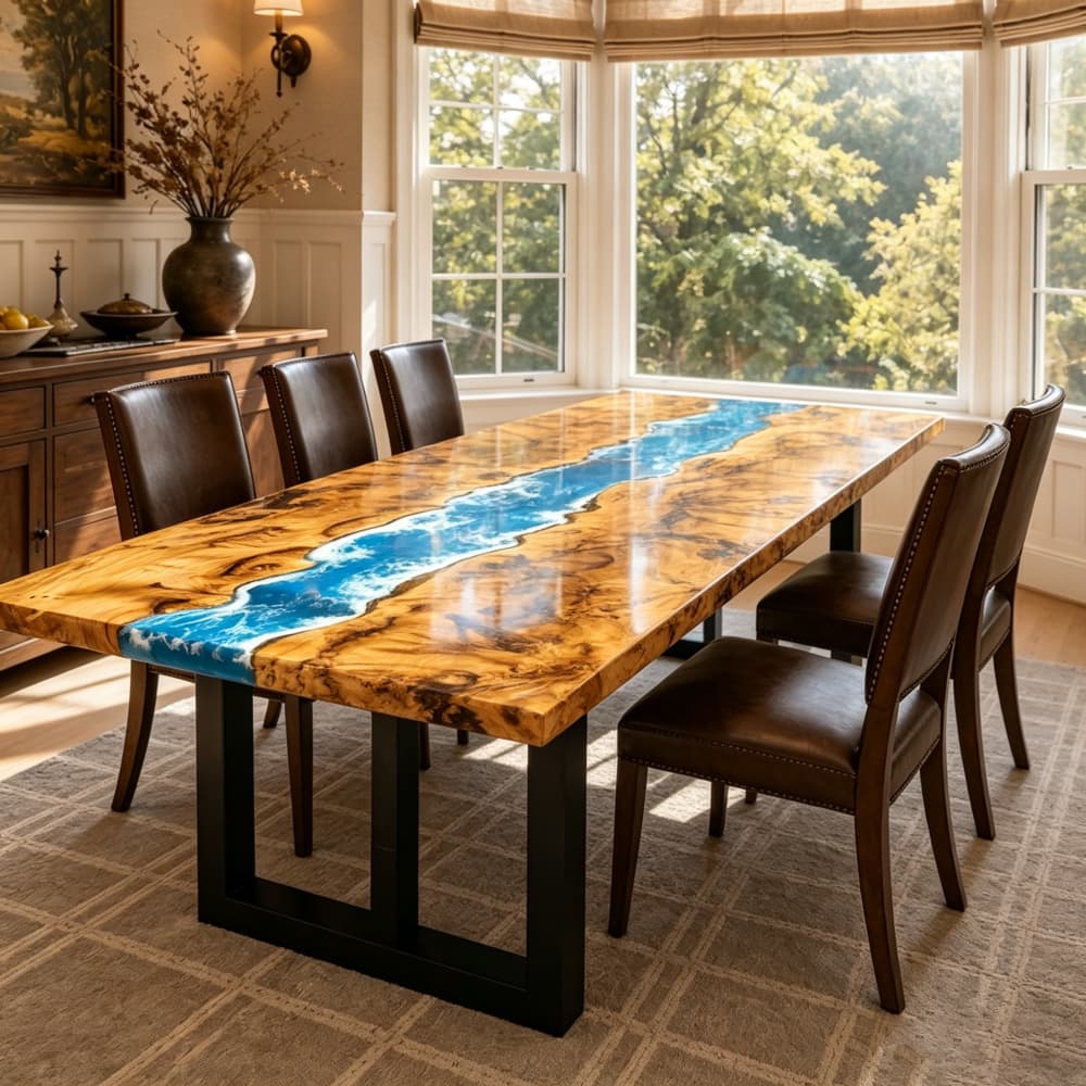Made to order blue ocean epoxy coffee table and dining table design crafted from figured poplar wood