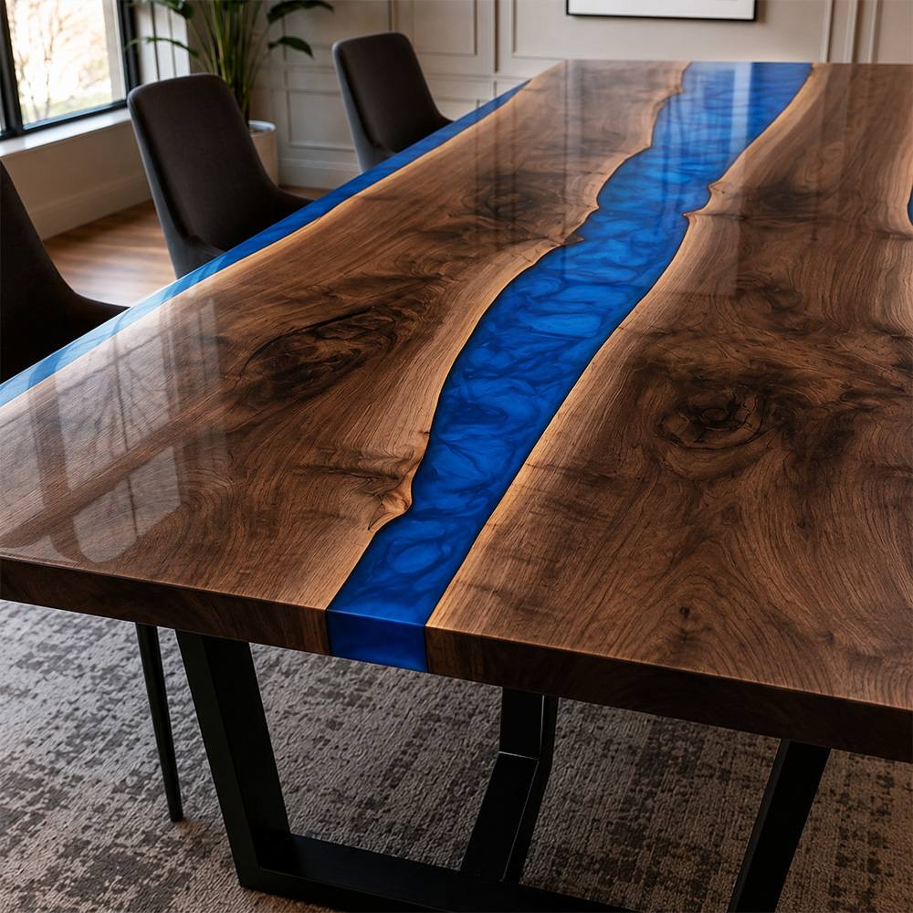 Handmade blue river walnut dining table with premium epoxy resin and live edge craftsmanship