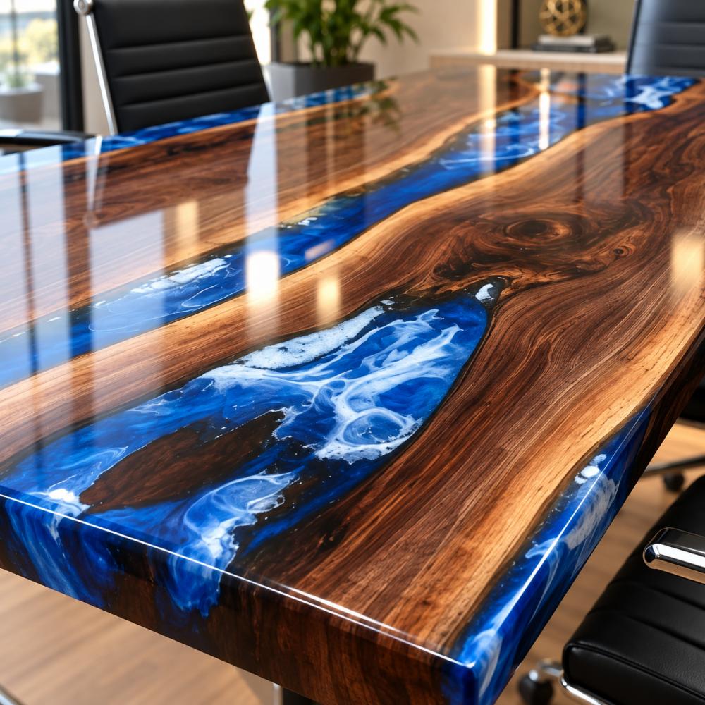 Custom blue and white resin conference table designed for corporate meeting rooms and offices