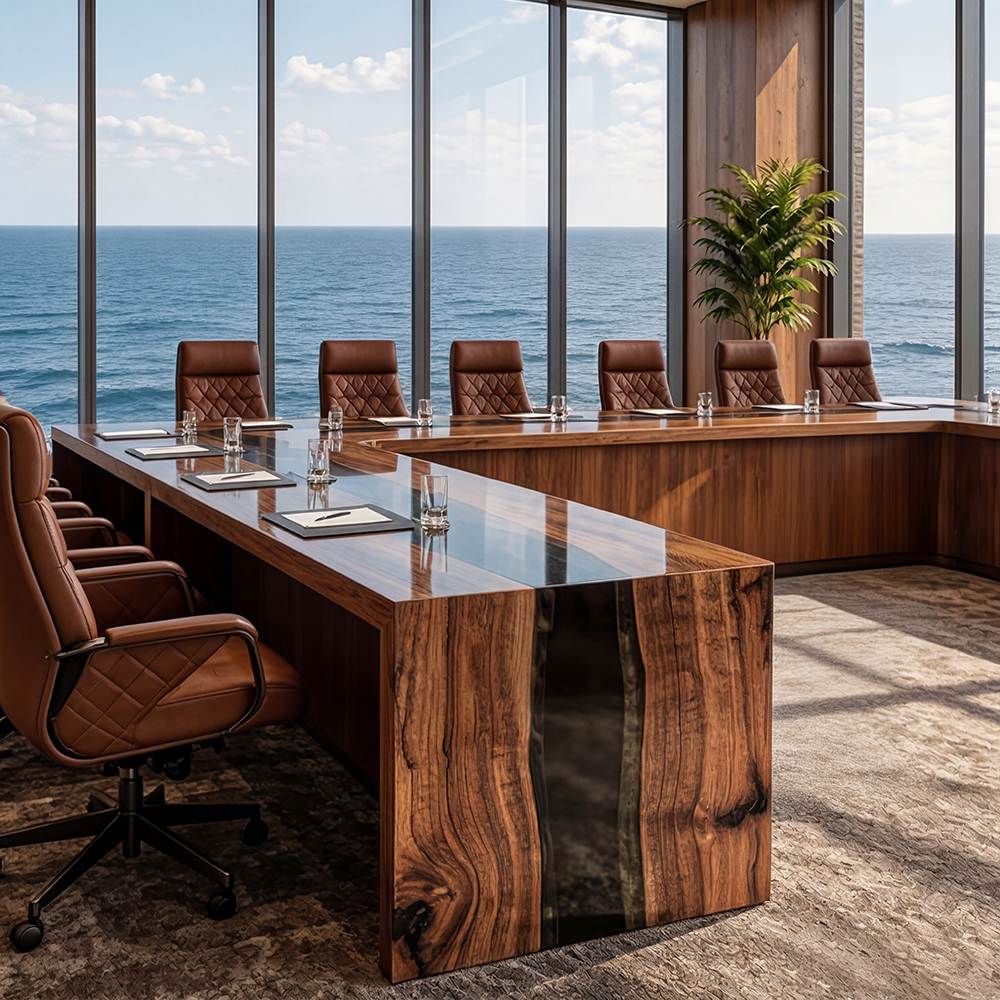 Luxury black walnut meeting table with integrated epoxy river design and collaborative U-shaped layout