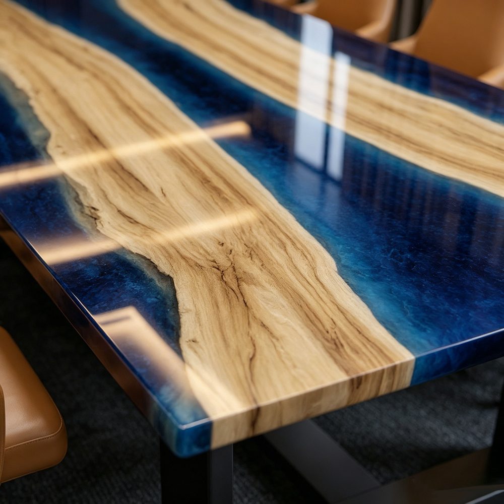 Custom boardroom furniture crafted with premium hardwood and artistic blue resin for collaborative spaces