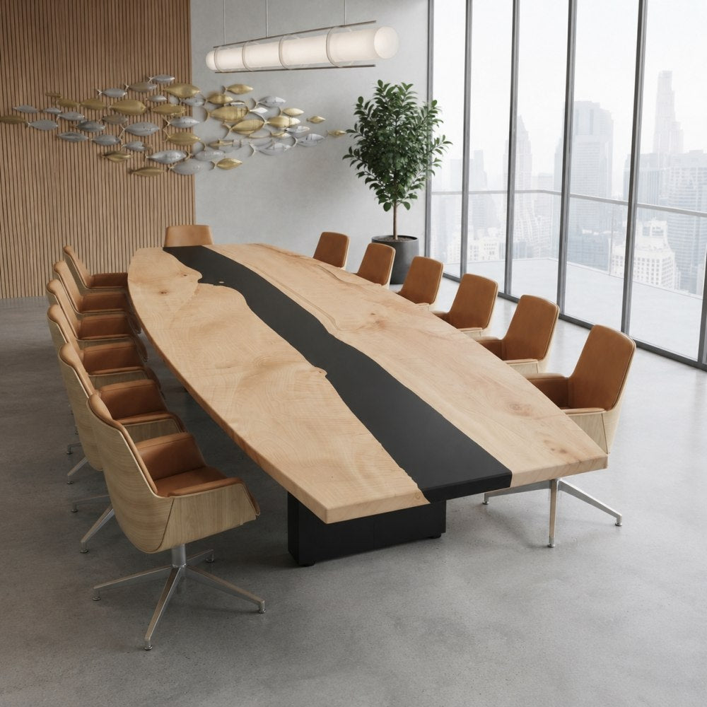 Light maple wood conference table featuring a dark epoxy river and tapered boat-shaped tabletop for corporate interiors