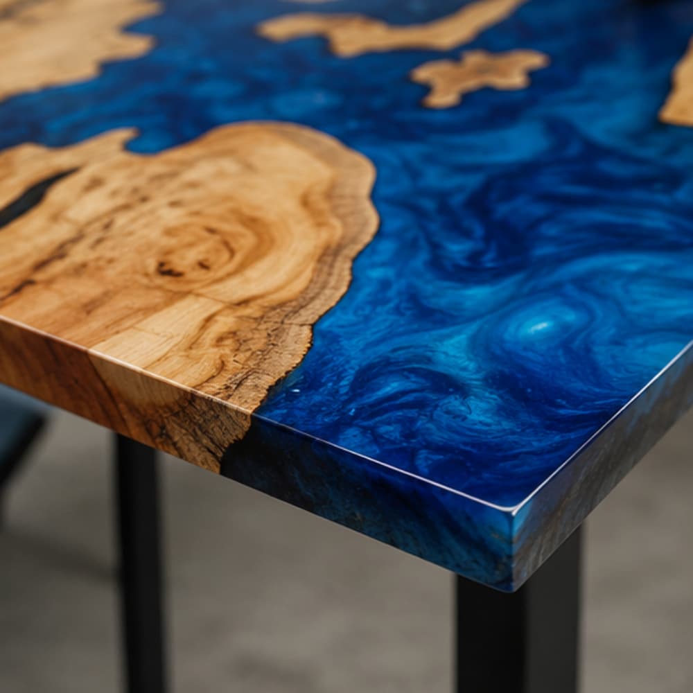 Custom handcrafted dining table featuring premium natural burl walnut slabs paired with a deep, swirling electric blue river, designed for luxury contemporary interiors