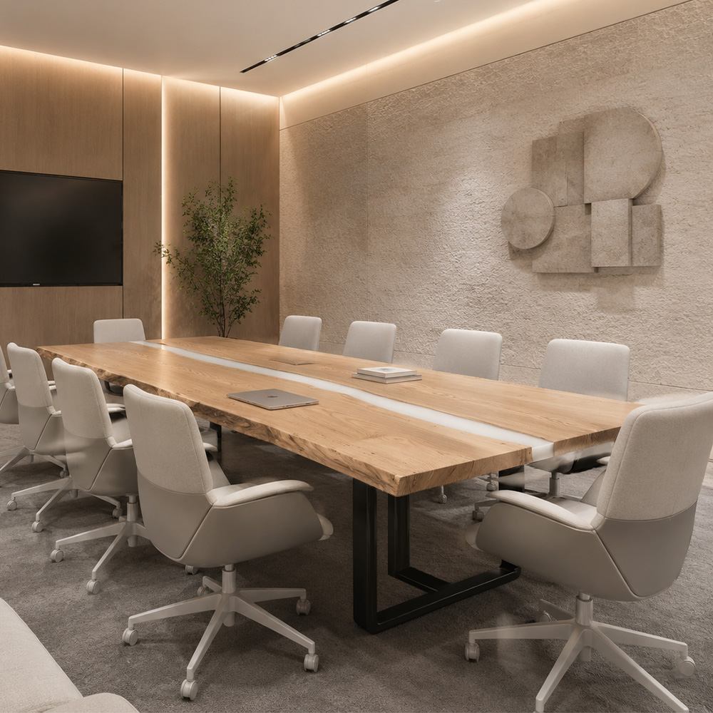 Custom epoxy conference table with a built-in power module for laptops, charging devices, and presentation equipment