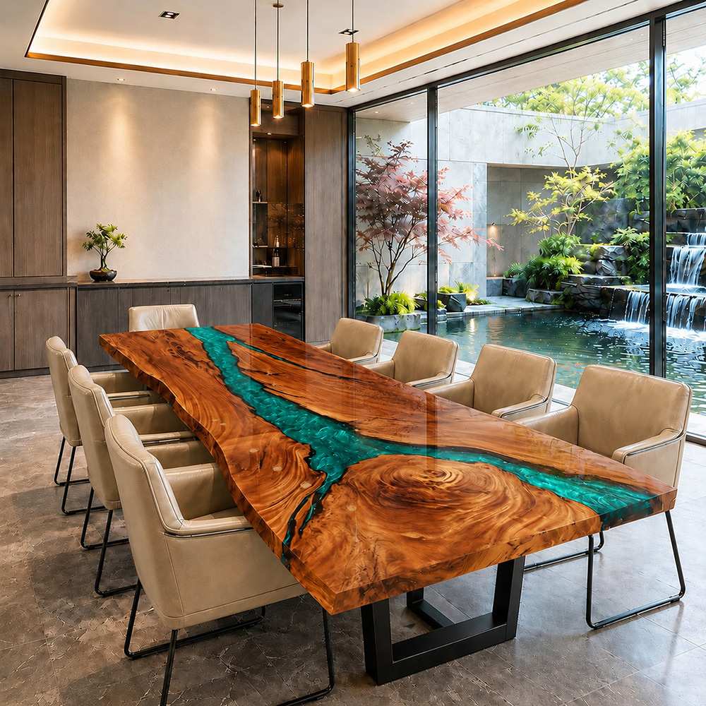 Black walnut reception desk with green swirl epoxy resin and bold natural wood grain