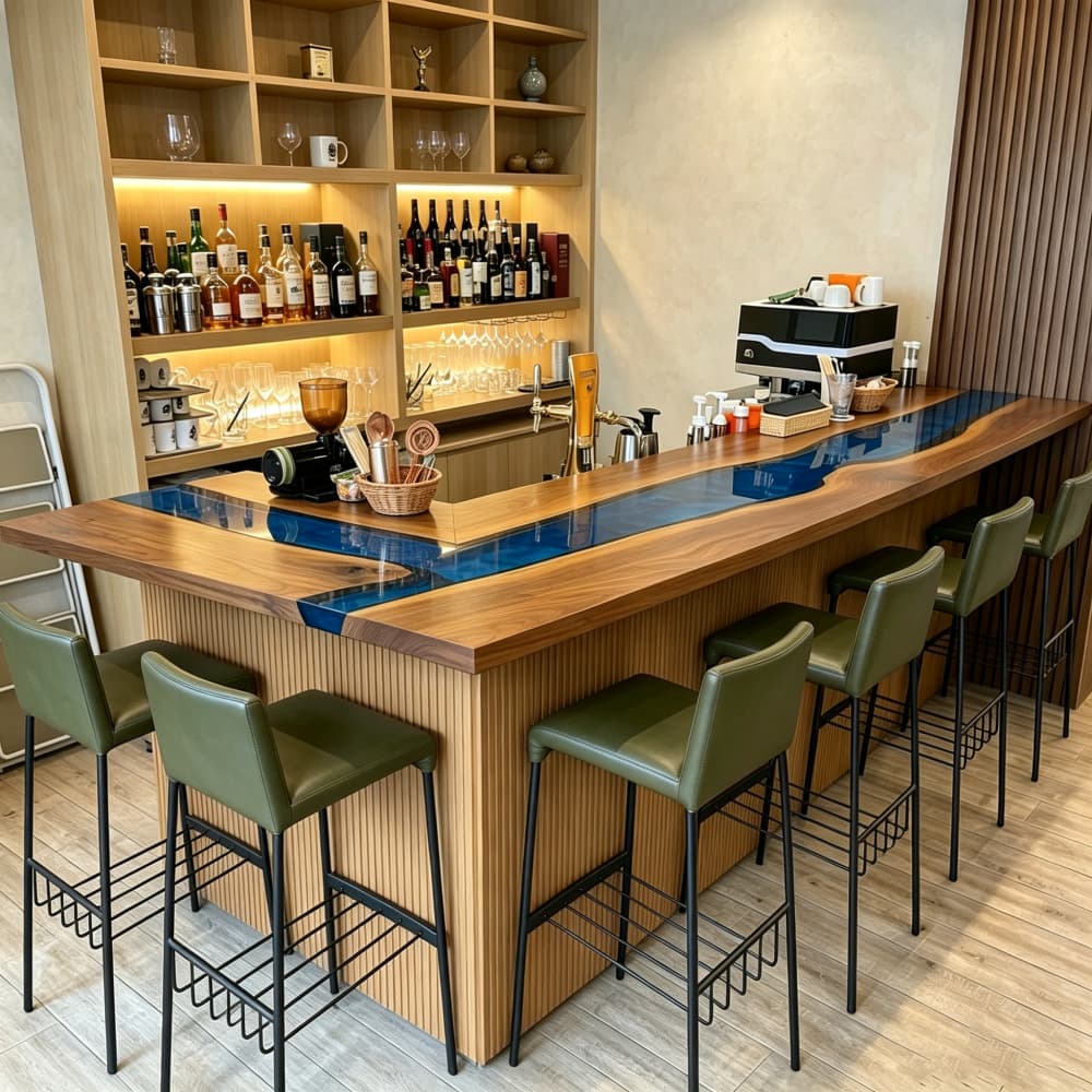 Custom Black Walnut epoxy commercial bar counter designed for restaurants, cafés, lounges and hospitality interiors
