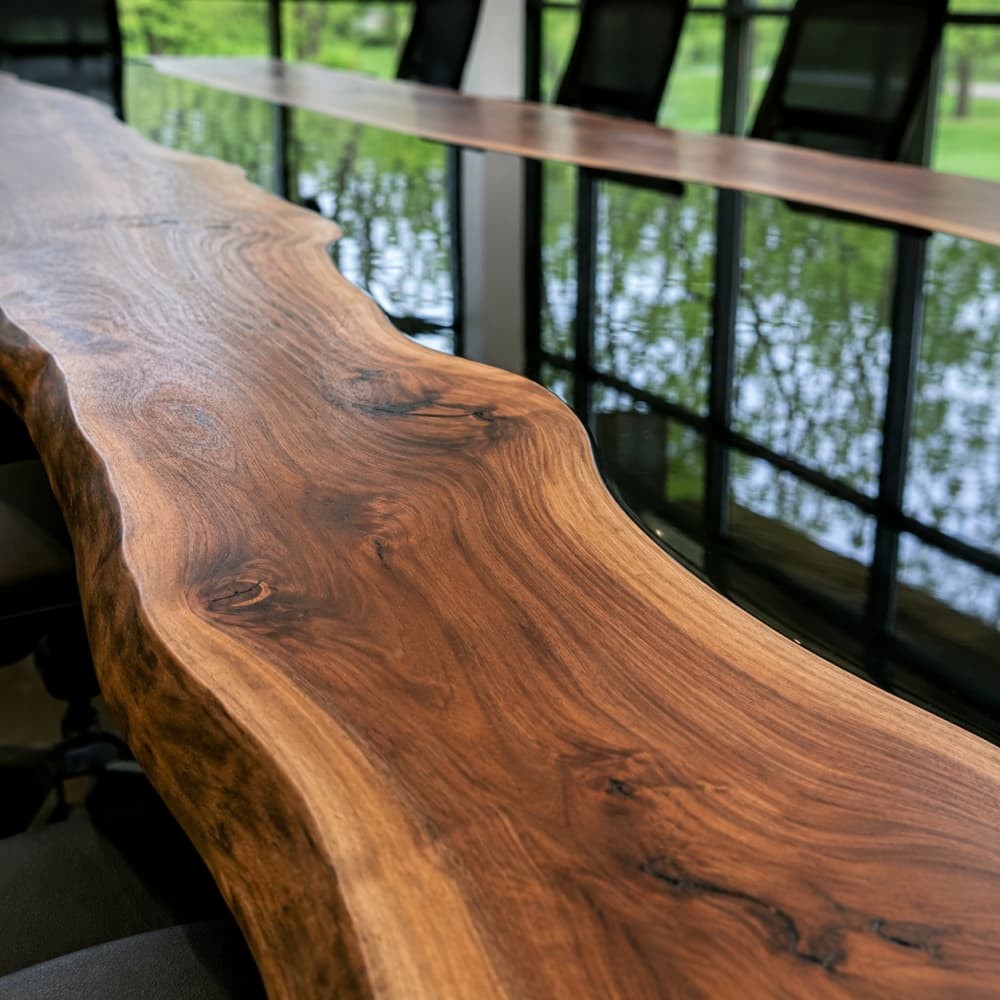 Custom epoxy conference table for large meeting rooms, featuring black walnut wood grain and deep black resin