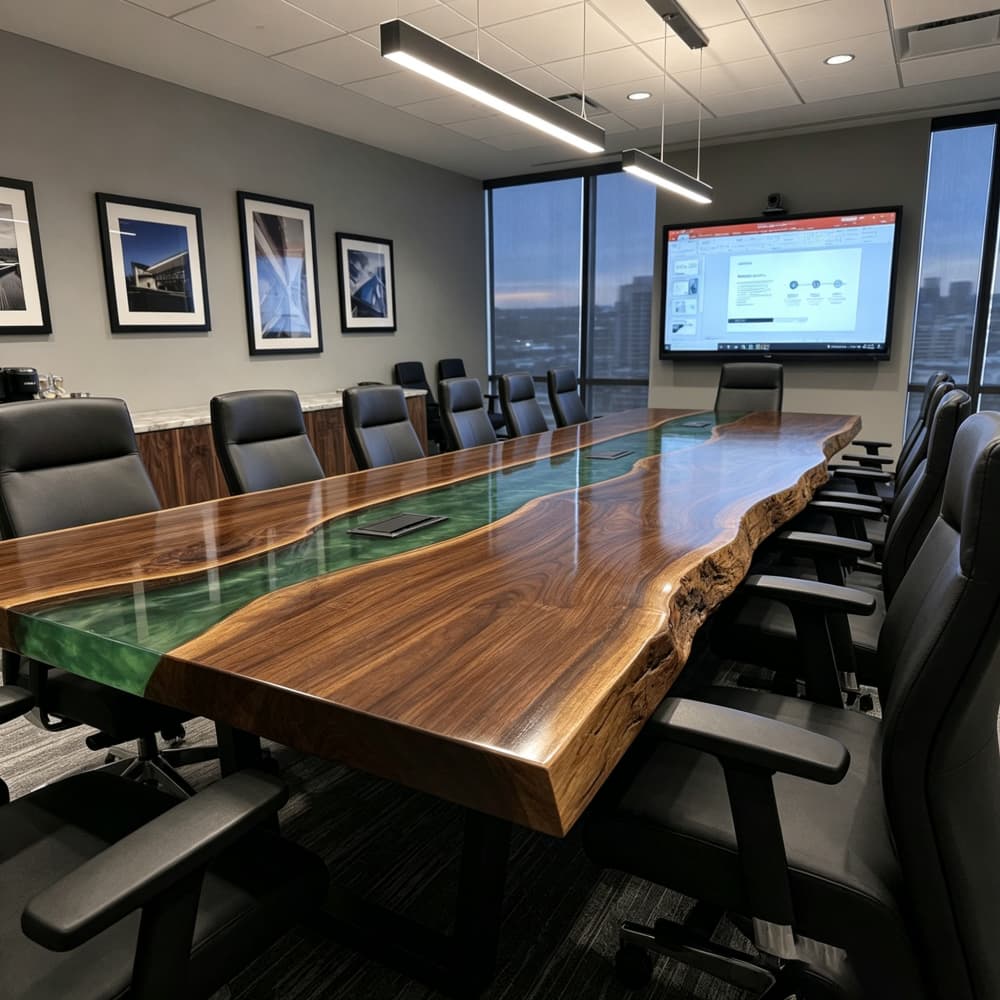 Green resin river meeting table crafted from black walnut wood for corporate offices and collaborative workspaces