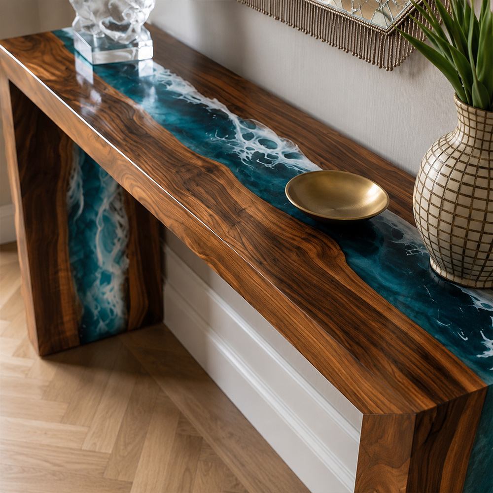 Live edge black walnut console table with oceanepoxy resin accent placed in a modern hallway