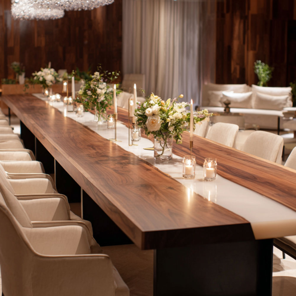 Handmade black walnut epoxy river dining table for banquet halls and event venues