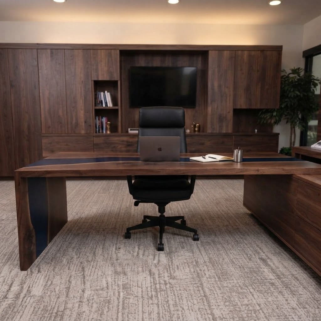 Custom epoxy executive office desk featuring sculpted black walnut grain and a blue resin center