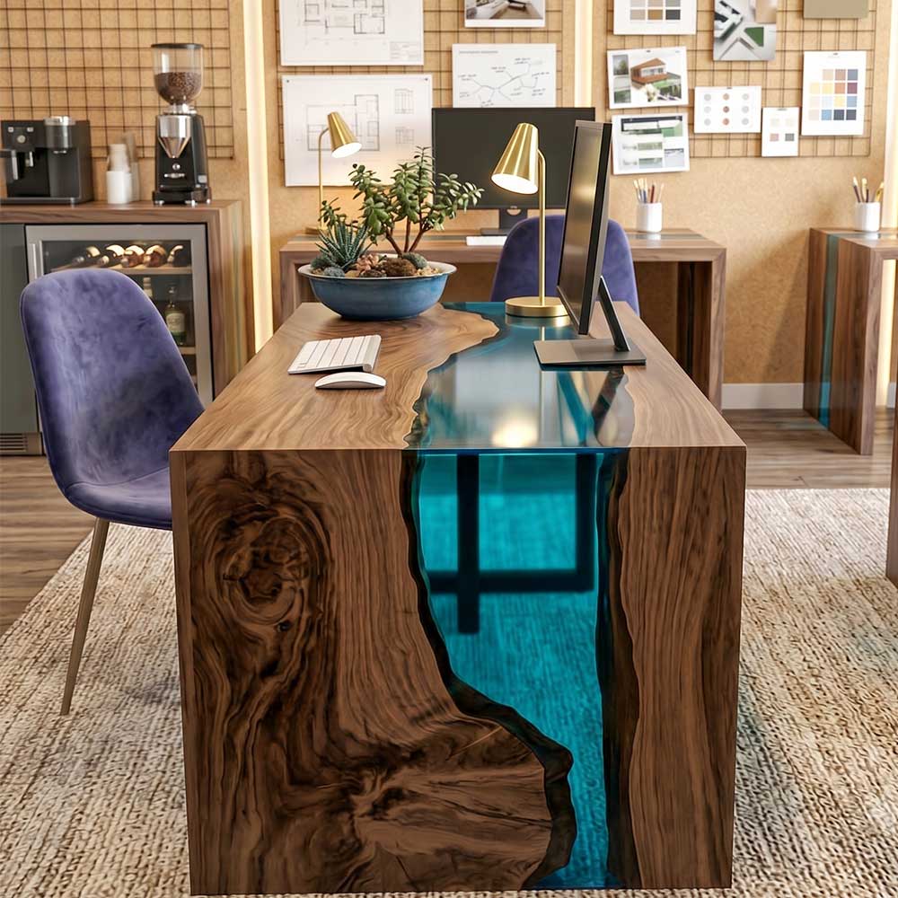 Handmade walnut epoxy river workstation desk for home office and professional workspace