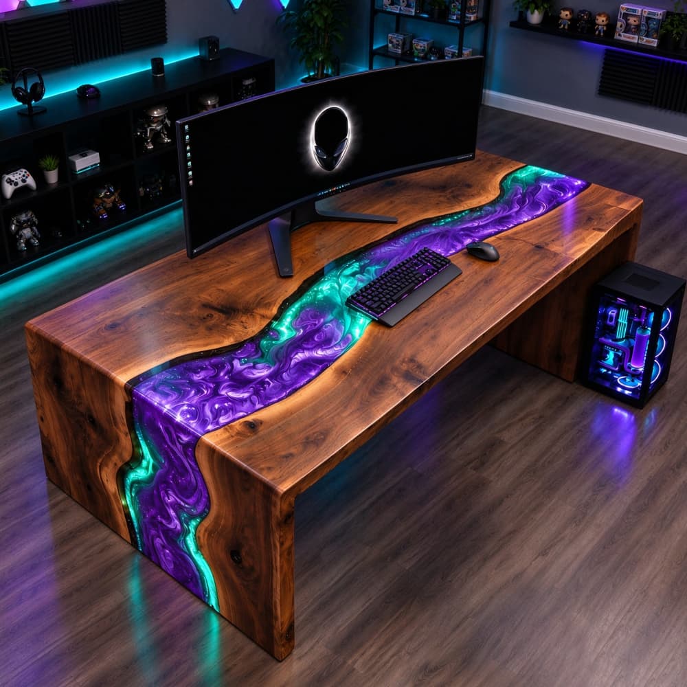 Custom solid wood epoxy river gaming table featuring purple teal swirl resin and LED lights for home gaming room decor