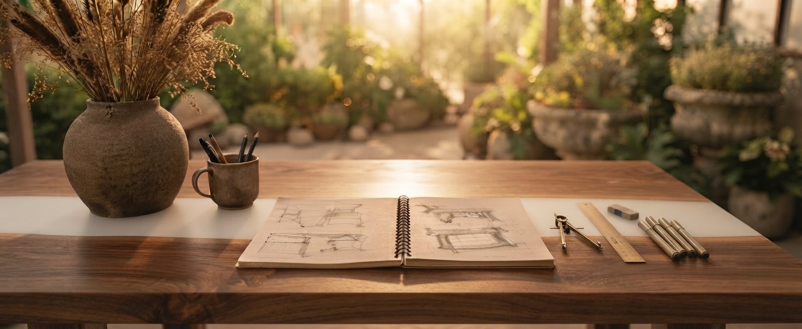 Wood‑top workspace with epoxy‑table drafts in sun‑lit greenhouse garden