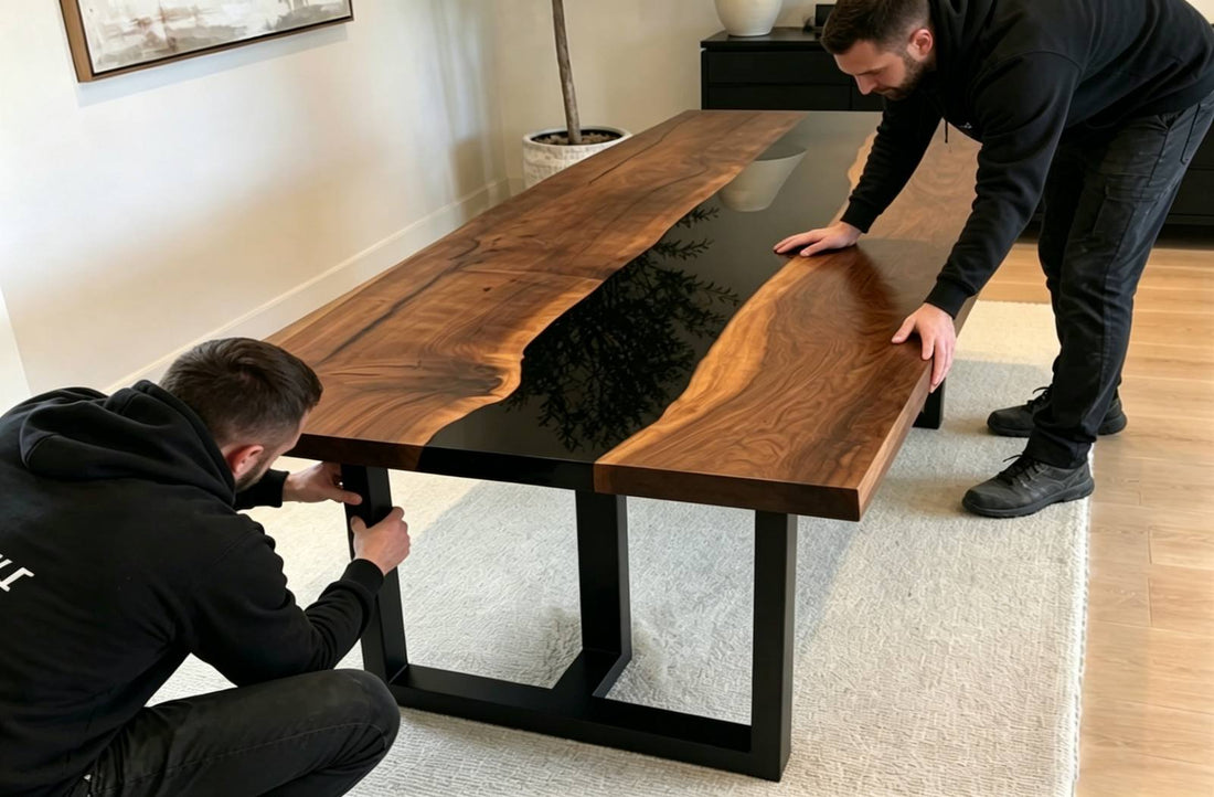 Black walnut epoxy resin table being installed with a black metal base, showing the final setup of a custom river table in a home interior