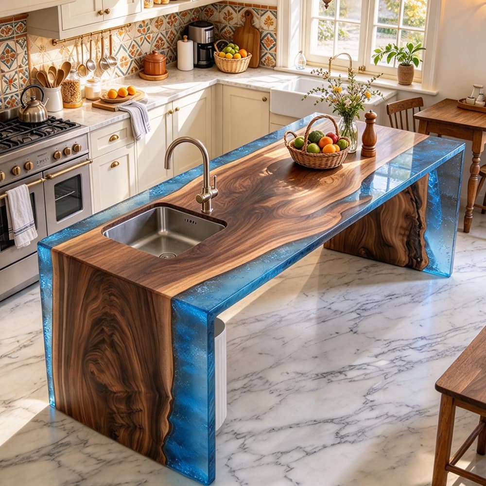 Custom black walnut kitchen island with blue epoxy resin countertop and an undermount sink cutout.