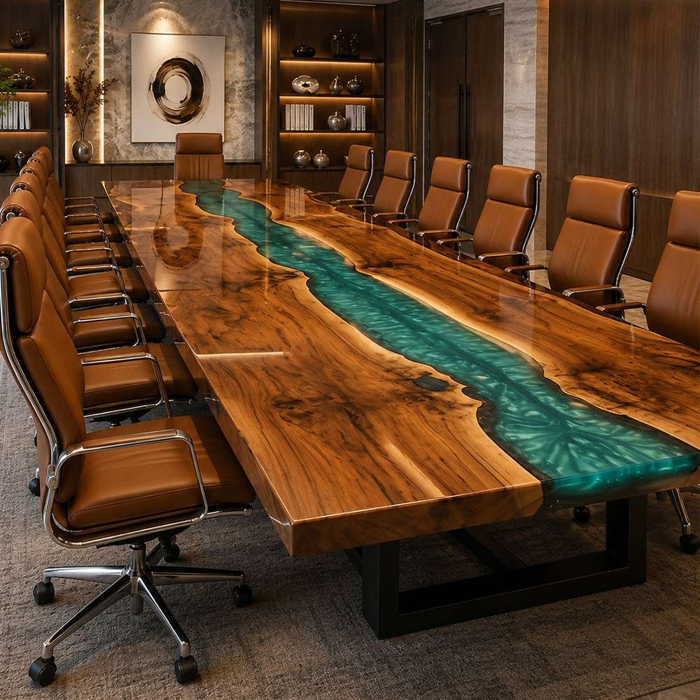 Made-to-order executive conference table with black walnut slabs and green epoxy resin for modern collaborative workspaces