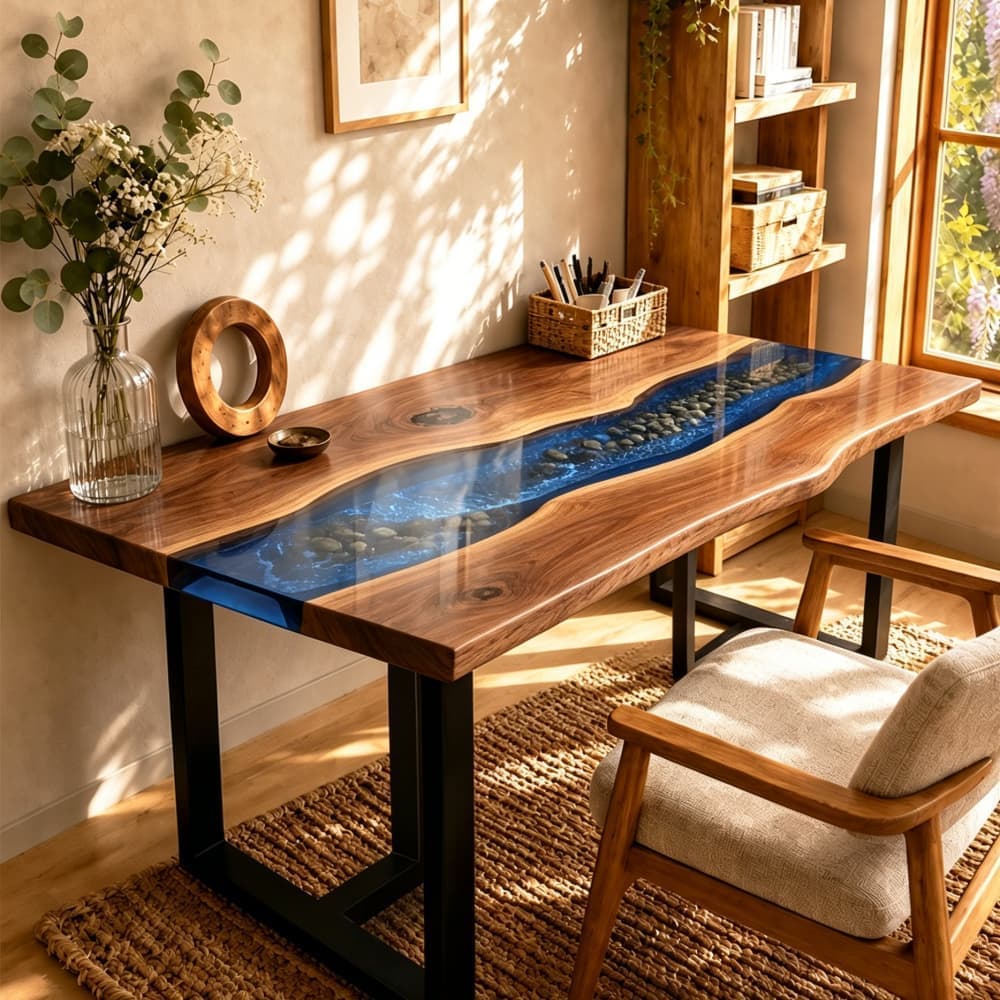 Close-up of crystal-clear ocean blue epoxy resin embedded with natural river stones and rich solid wood grain.