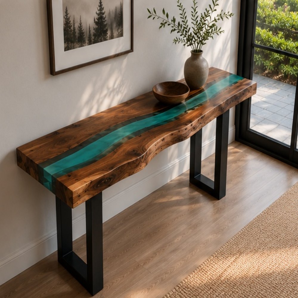 Custom console table crafted from walnut wood and emerald resin