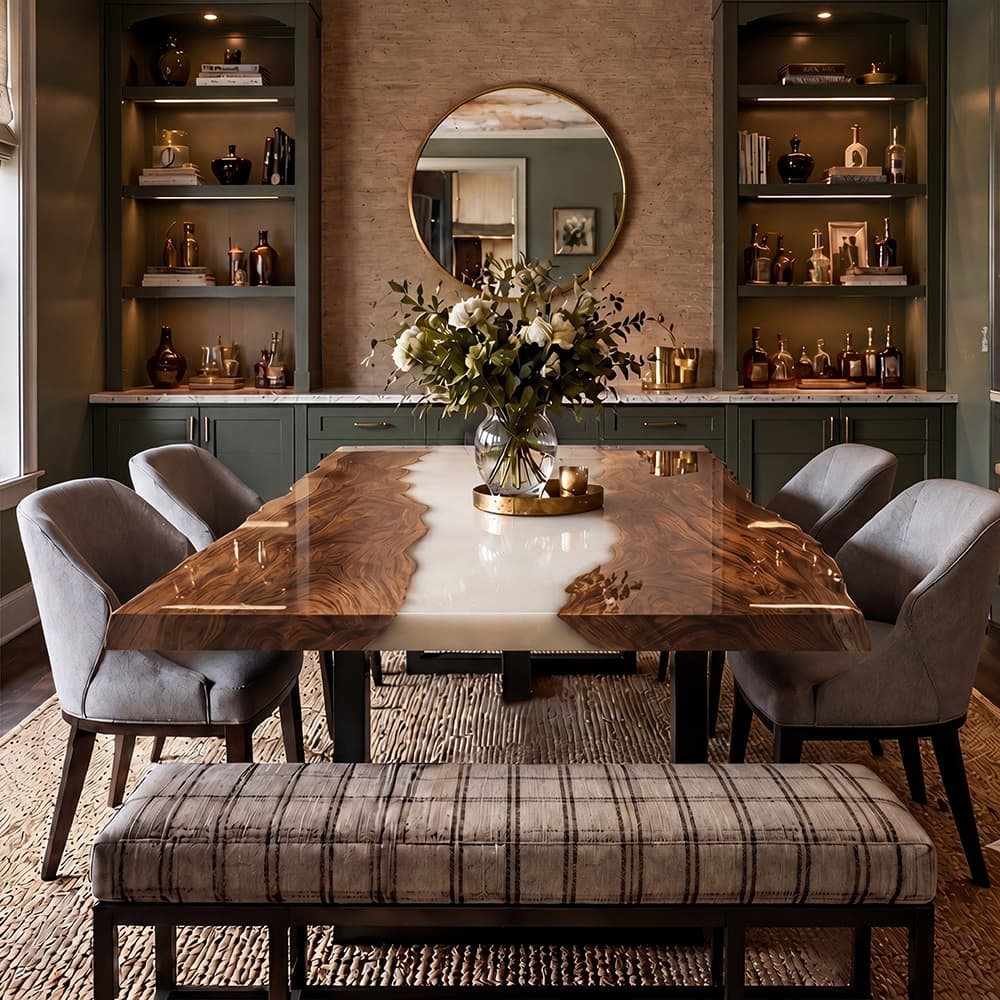 Custom dining table crafted from black walnut and ivory resin